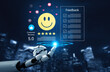 © InfiniteFlow - A futuristic robotic hand presents a glowing feedback symbol, illustrating customer reviews and ratings within a digital landscape, showcasing user interaction and satisfaction metrics. Cyphers
