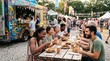 © DR Moura - Diverse group of friends and family enjoying food at a vibrant outdoor food truck festival
