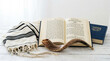 © Sojal - Jewish prayer shawl tallit with shofar horn and open hebrew holy book