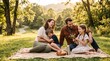 © PSCREATIVE - Joyful family enjoying a sunny picnic in a lush green park with rolling hills in the background