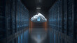 © kaliel - A locked cloud floats between server racks representing secure cloud storage and protected data infrastructure.