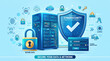 © LarasShaty - A digital illustration depicts a server rack protected by a shield with a checkmark icon.