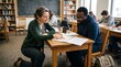 © MariaMedeiros - Teacher assisting university student during small group study session in library with education university learning academic classroom