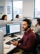 © Mikhail - Man wearing headset working at computer in modern customer service office. Call center representative communicating with client. Professional teamwork and business support concept.