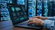 © StockNova - A technician monitoring predictive maintenance software on a laptop screen with data charts and graphs inside a dark server room data center