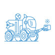 © Nazmin - Futuristic space rover line art, lunar exploration vehicle with robotic arm, blue outline planetary rover for science and logistics