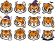 © SMFARHANTANVIR - Cute Halloween tiger head icons set with spooky hats, pumpkins, and playful expressions in vector style
