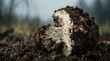 © panophotograph - Freshly cut mushroom stem with dark earth crumbling away revealing pale fibrous flesh in macro shot