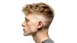 © Artittaya - Profile View of Young Man with Textured Short Haircut Against White Background in Studio Setting