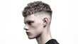 © Artittaya - Young Man with Curly Hair and Fade Haircut in Profile View against a Minimalist White Background