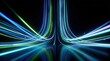 © Masque - 3D illustration of neon green and blue lines moving upwards on an abstract black background.