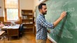 © Oleh - Educator Writing the Date on a Classic Green Chalkboard in a Traditional School Classroom Setting