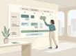 © Color craze - A woman reaching out to place a sticky note on a large project timeline chart on a wall, representing long term business planning and scheduling
