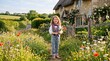 © photoplotnikov - Young girl holding wildflower bouquet walking along cottage garden path in rural countryside during summer golden hour, cheerful child portrait in pastoral setting