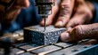 © Farah - Skilled craftsman precisely drills into a dark textured stone block using a metallic precision milling machine in dim workshop lighting