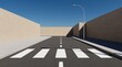 © kaowsar - Road with white crosswalk between tan brick walls in 3D render.