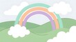 © MACHATOMI - Colorful Rainbow Arching Over Green Hills with Fluffy Clouds in Cartoon Style