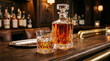 © Karyo - Elegant Whiskey Decanter and Glass on Bar Counter, Amber Liquid, Cozy Ambiance