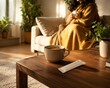 © Serjio - Mujer sentada en un sofá con una taza de café en una mesa de madera mientras sostiene una manta