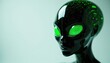© miss irine - Shiny black alien head features glowing green digital patterns, bright luminous eyes. Futuristic robotic character design shows abstract tech elements on surface. Modern science fiction portrait