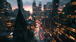 © BlackBridge Media - Aerial View of Modern City Skyline and Traffic at Dusk