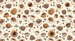 © Julianto - Seamless Pattern with Coffee Cups, Roasted Beans, and Leaves on a Beige Background for Cafe Menu and Wallpaper