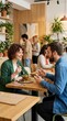 © Iswanto - Friends dining in plant-filled modern restaurant.