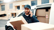 © peopleimages.com - Stress, delivery man or phone call with box outdoor for wrong address, customer delay or logistics. Van, worker or frustrated on mobile chat for shipment mistake, difficult building access or transit