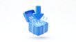 © Anindito - A 3D rendering of a blue open box with a download arrow pointing into it, surrounded by programming code symbols, representing software development or data transfer.