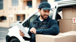 © peopleimages.com - Tablet, thinking and delivery man by van for courier transport, shipping and distribution. Check, technology and cargo boxes by vehicle with online schedule, address app or checklist for package