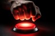 © Pete - Clenched human fist hovers over glowing red panic button on dark background. Male hand poised for crucial decision, trigger action. Concept of pressure, risk, power, danger. Person chooses to press
