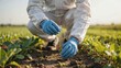 © anika - Agricultural scientist collects soil samples from a field in a protective suit. This research image represents modern agricultural innovation and sustainable farming practices.
