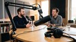 © Yassine - Professional podcast studio recording session, two men talking into microphones, radio broadcasting and digital media production
