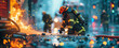 © Jana - Emergency service firefighters working amidst burning debris flames and glowing embers on asphalt road during a nighttime industrial fire accident