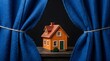 © Design Touch - Miniature house model framed by blue curtains for real estate staging and home decor concepts