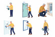 © Kitanti - Senior Man Using Handheld Steam Cleaner Machine for Household Tasks Vector Illustration Set