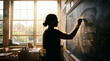 © Graphique - Teacher writing physics formulas on a chalkboard in a sunlit classroom