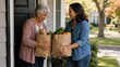© Vladyslav Tykhonov - Smiling middle-aged woman delivering grocery bags to an elderly woman at her front door, exchanging fresh produce and bread in a friendly neighborhood setting