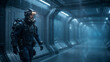 © Dezayn - Astronaut explorer walking through a futuristic spaceship corridor in deep space sci fi cinematic atmosphere