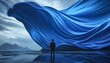 © few.imagery - A man in a suit stands before a giant, flowing blue fabric in a surreal landscape. The scene evokes a sense of wonder and the vastness of imagination