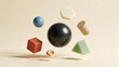 © Angs - Floating 3D geometric shapes around a central black sphere. Abstract minimalist composition with colorful spheres, cube, and cylinder on a beige background