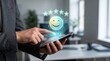 © abc123man - Customer satisfaction survey with five stars and happy emoji on smartphone screen
