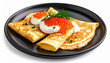 © chrystal - Delicate crepes topped with sour cream and caviar on a black plate, gourmet style. AI