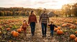 © Vecto_Pixels - Family of four walking through a pumpkin patch at sunset with autumn foliage, wearing sweaters and jeans in a rural farm field