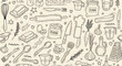 © Md - Seamless pattern with hand drawn baking and kitchen cooking tools and food ingredients in black lines