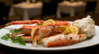 © Md - Fresh cooked crab legs served on a plate with lemon slices and green parsley on a dark table