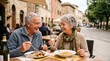 © Анастасия Макевич - Happy senior couple laughing over Italian food and white wine at an outdoor restaurant in a charming town
