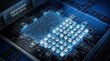 © matkhairul - Top view of a futuristic digital circuit board with glowing blue binary code and padlock security icons, featuring the text safeguard your data on a dark metallic frame background.
