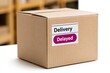 © Generative AI - Brown cardboard shipping box with delayed delivery sticker sitting on white surface in warehouse setting