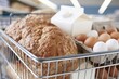© Generative AI - Close-up of a metal shopping cart filled with fresh bread, milk carton, and eggs in a grocery store aisle.